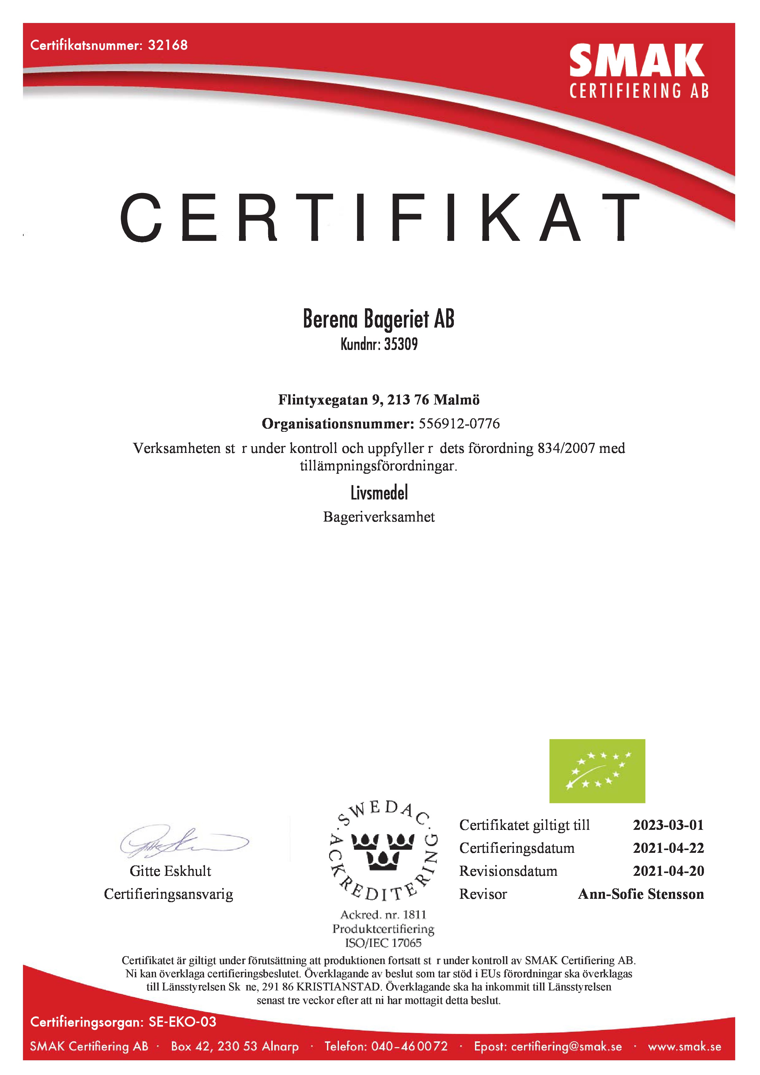 Certifikat Berena Bageriet haccp